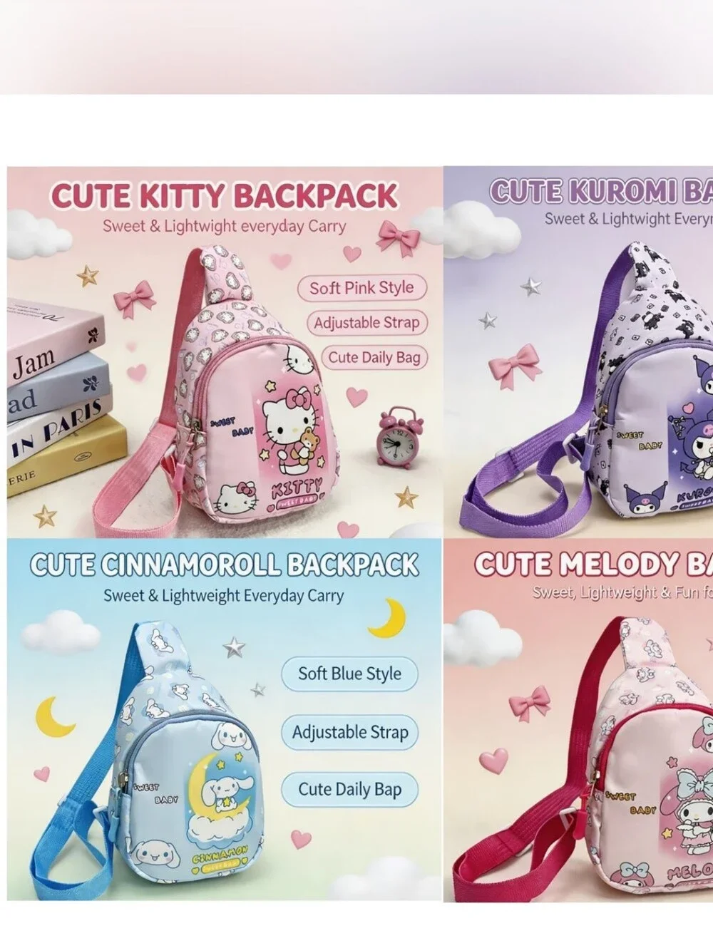 4 Cute Hello Kitty Pink Kids Backpacks - Soft Pink Sling Bags Crossbody Bags